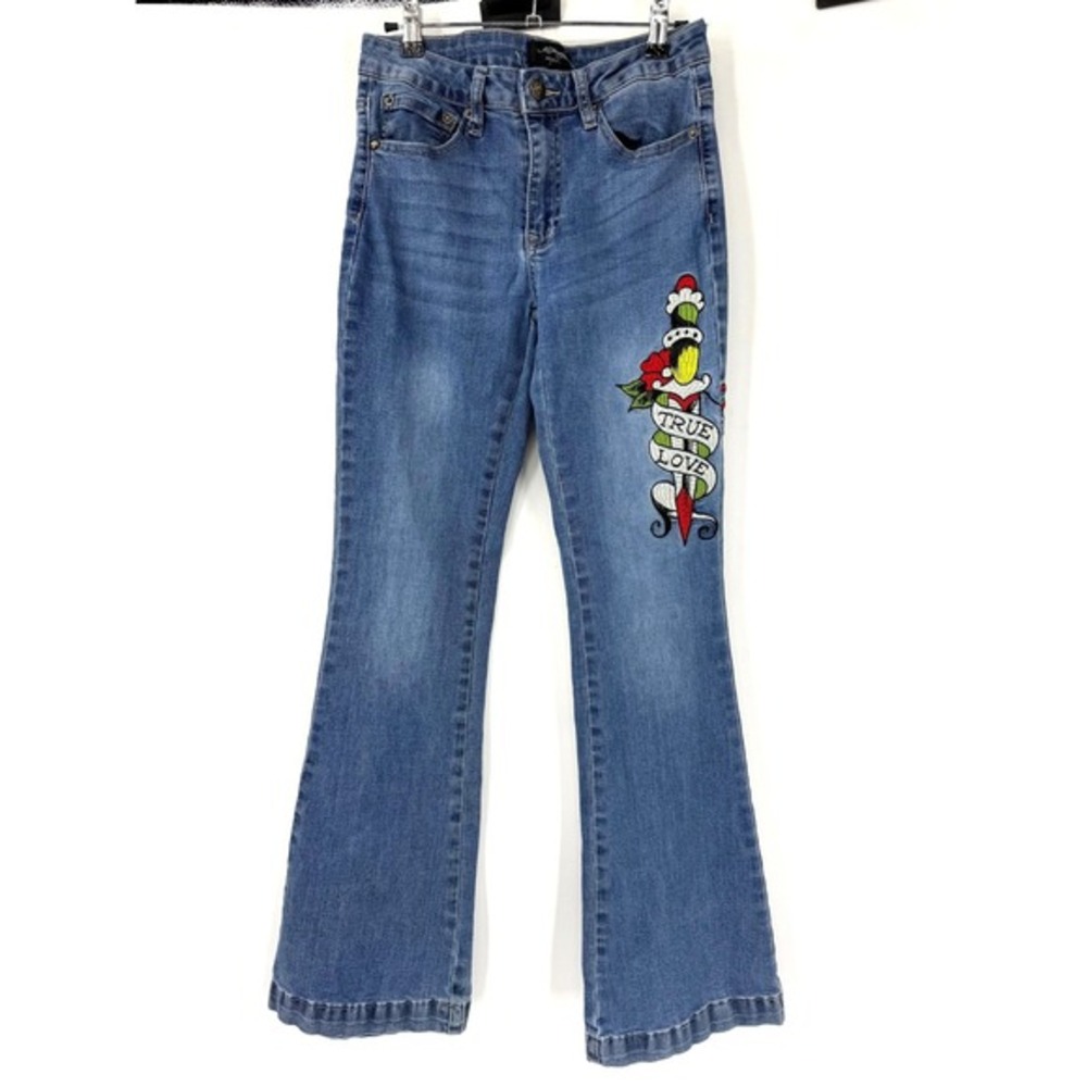 Ed Hardy Womens Flare Jeans Blue Tattoo‎ True Love Eternal Graphic Y2K Size 26